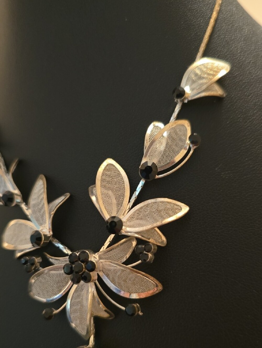 Floral Leaf Drop Necklace in Silver and Black - Picture 4 of 9
